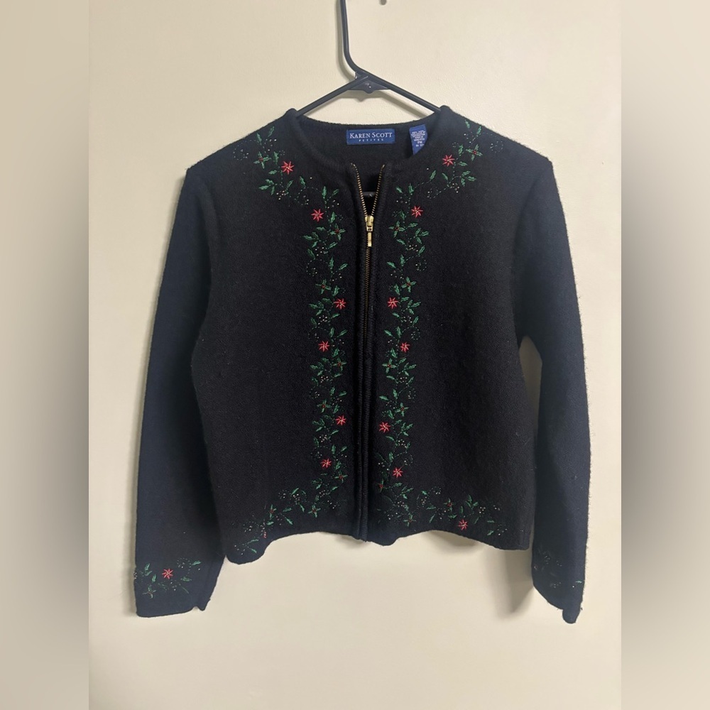 Karen Scott Wool Cardigan Sweater Full Zip Embroidery Holly Size Medium Petite